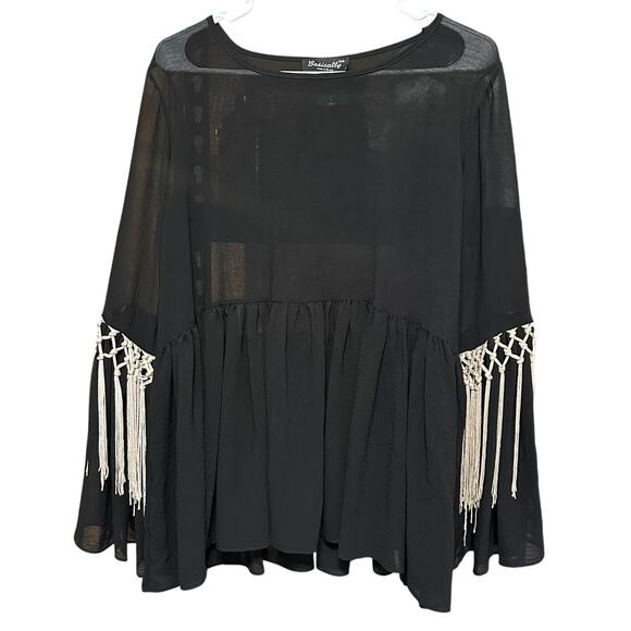 Basically Me Tops - Boutique Basically Me Women's Black Sheer Babydoll Boho Fringe Gothic Size Small